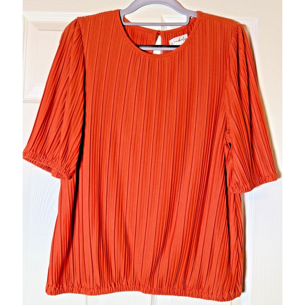 Wonderly Women's Large Orange Pleated Blouse with elastic waist & sleeves
